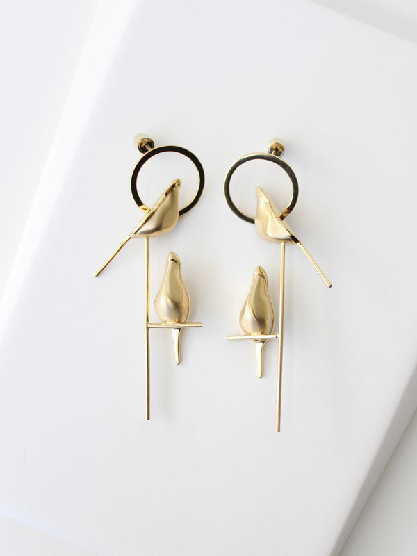 Perched Bird Earrings | 3D sculptural stainless steel earrings -Gold-Stainless Steel -STUDIYO Jewelry