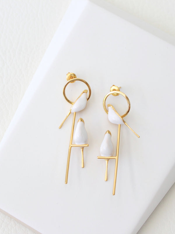 Perched Bird Earrings | 3D enamel sculptural earrings -Gold -STUDIYO Jewelry