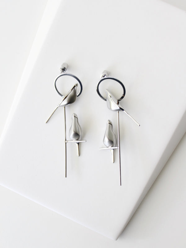 Perched Bird Earrings | 3D sculptural stainless steel earrings -Gold-Stainless Steel -STUDIYO Jewelry