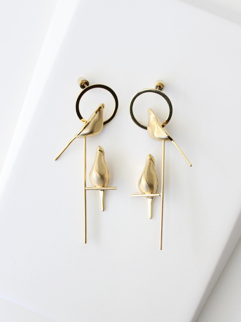 Perched Bird Earrings | 3D sculptural stainless steel earrings -Gold-Stainless Steel -STUDIYO Jewelry 