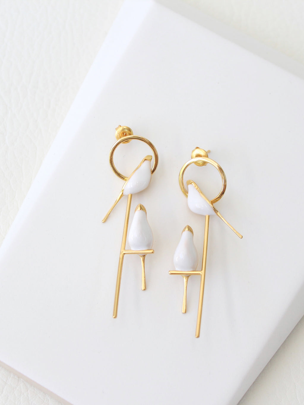 Perched Bird Earrings | 3D enamel sculptural earrings -Gold -STUDIYO Jewelry 