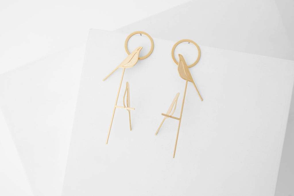 STUDIYO Jewelry Earrings Gold Perched Bird Earrings | 3D steel sculptural earrings