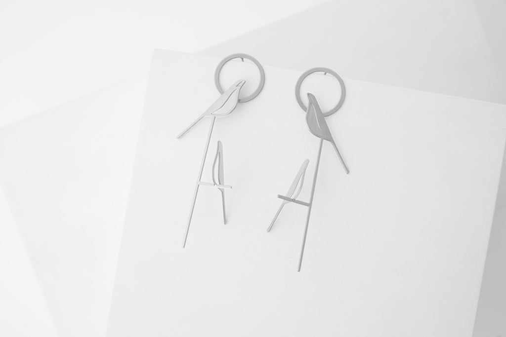 STUDIYO Jewelry Earrings Stainless Steel Perched Bird Earrings | 3D steel sculptural earrings